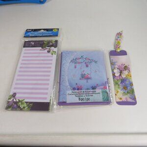 Purple Note pad with magnet, notecards with envelopes & Plastic bookmark